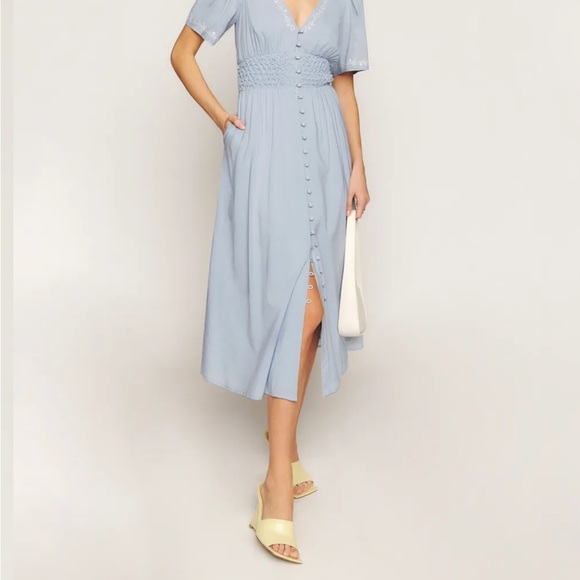 RARE Reformation Kamryn Light Blue Midi Dress with Button Detail - Picture 2 of 5